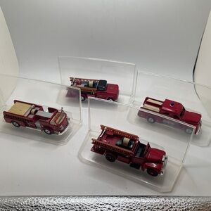 4 Corgi Fire Heroes Die Cast Trucks Display Series with display stands